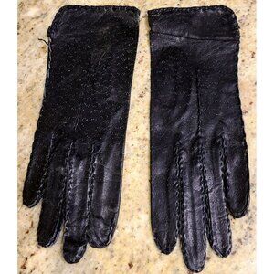 GRANDOE Vintage Size S 6.5 BLACK LEATHER LADIES  GLOVES Hand-sewn Stitching